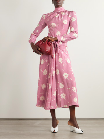 Alessandra Rich Bow-embellished gathered floral-print silk-georgette midi dress