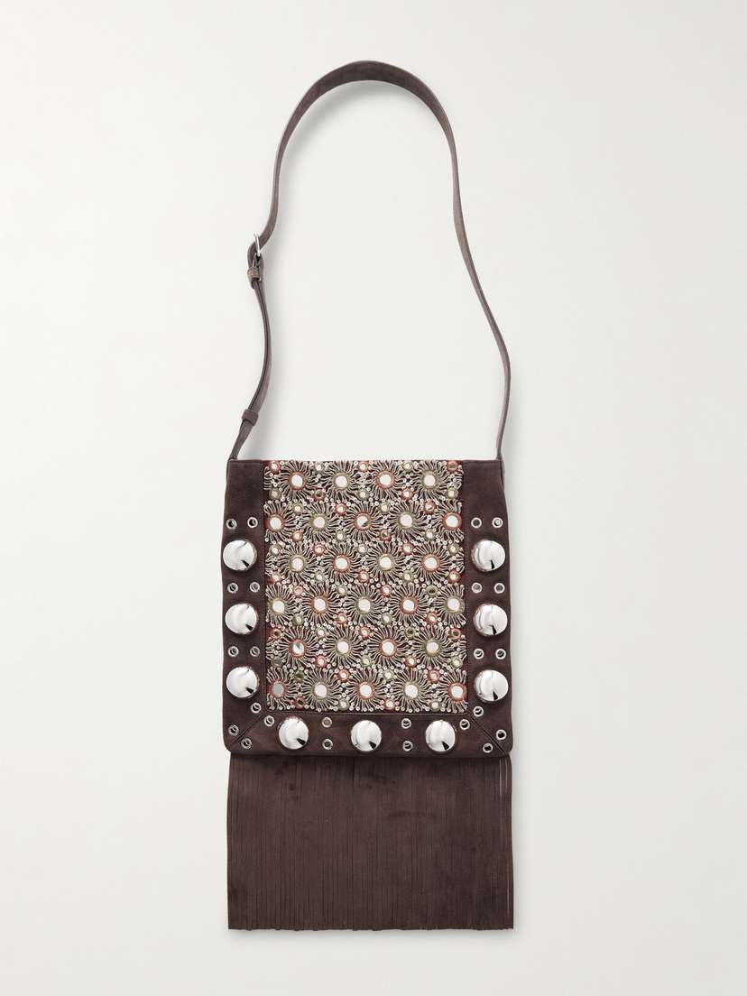 Valentino Garavani Nellcôte Fringed Embellished Suede Tote Bag