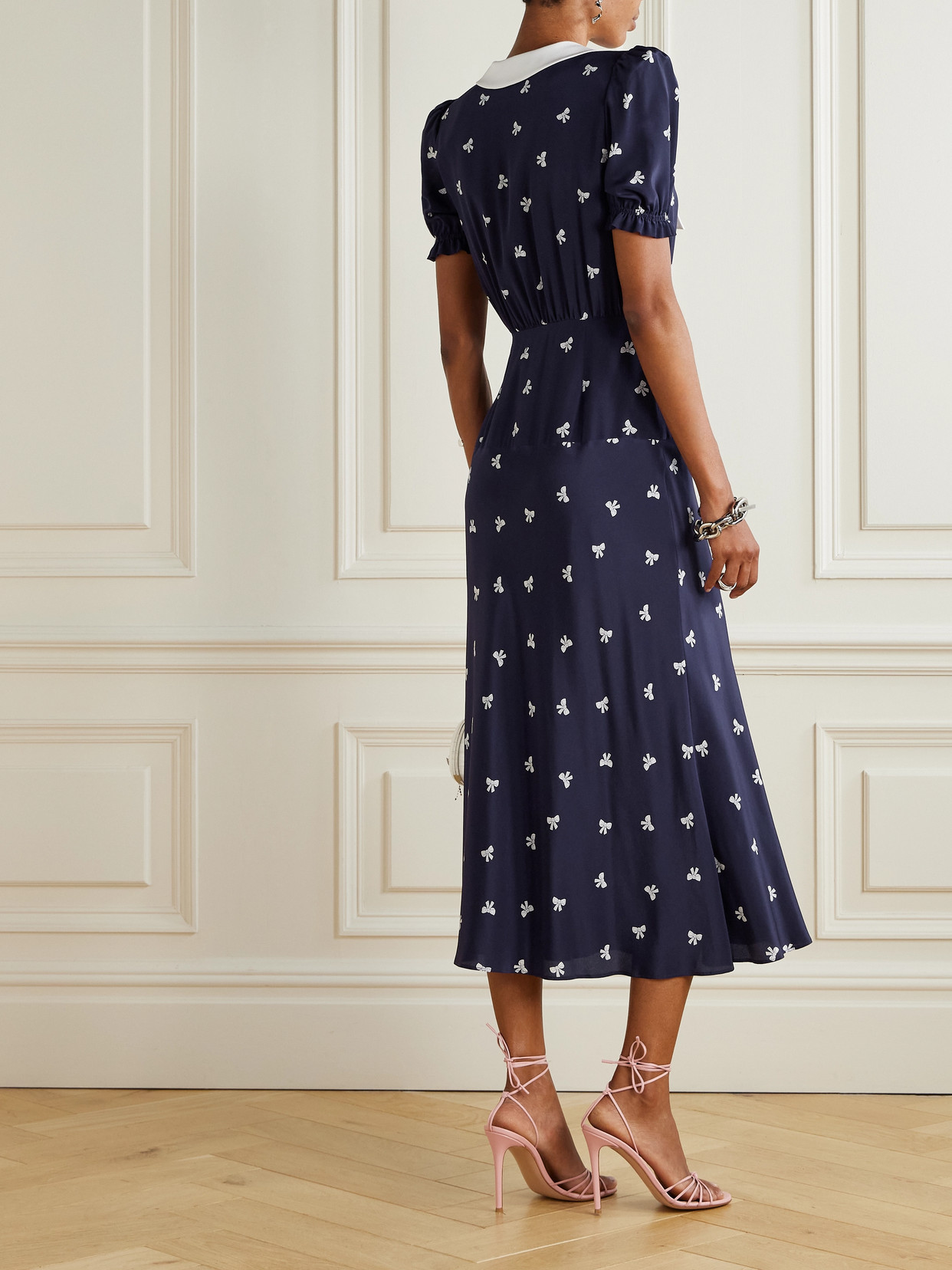 Alessandra Rich Crepe-trimmed Gathered Printed Silk Midi Dress