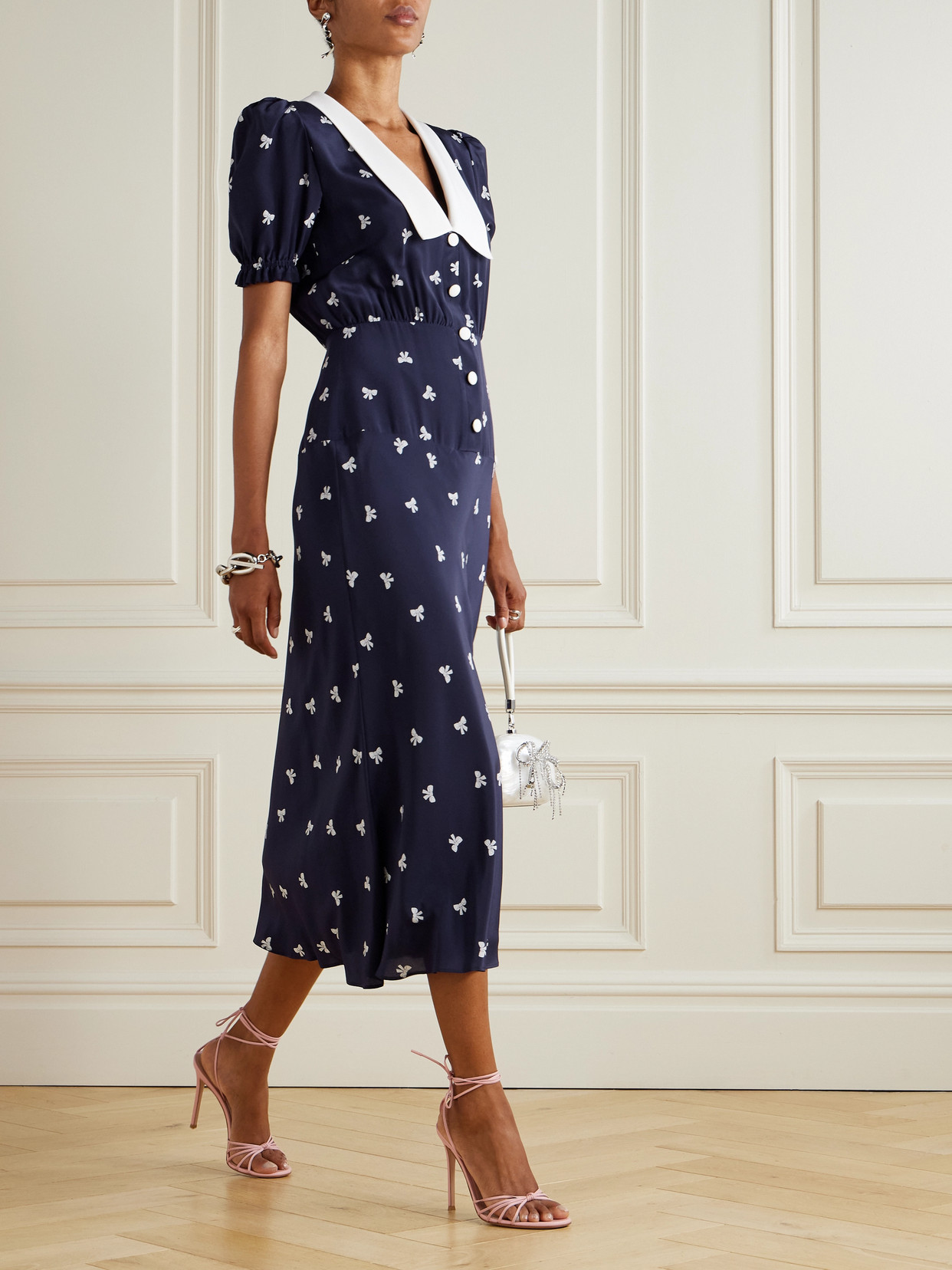 Alessandra Rich Crepe-trimmed Gathered Printed Silk Midi Dress