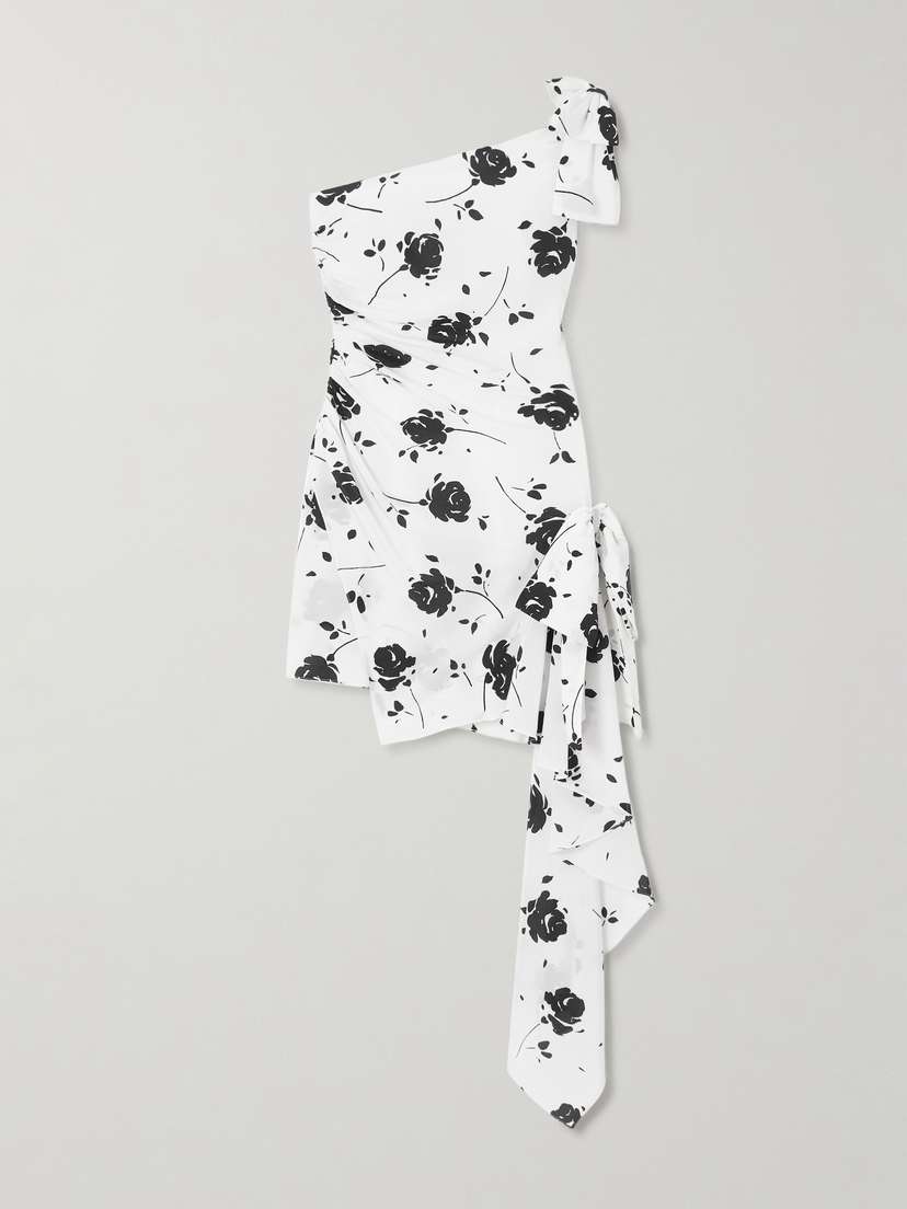 Alessandra Rich One-shoulder Bow-detailed Gathered Floral-print Silk Mini Dress