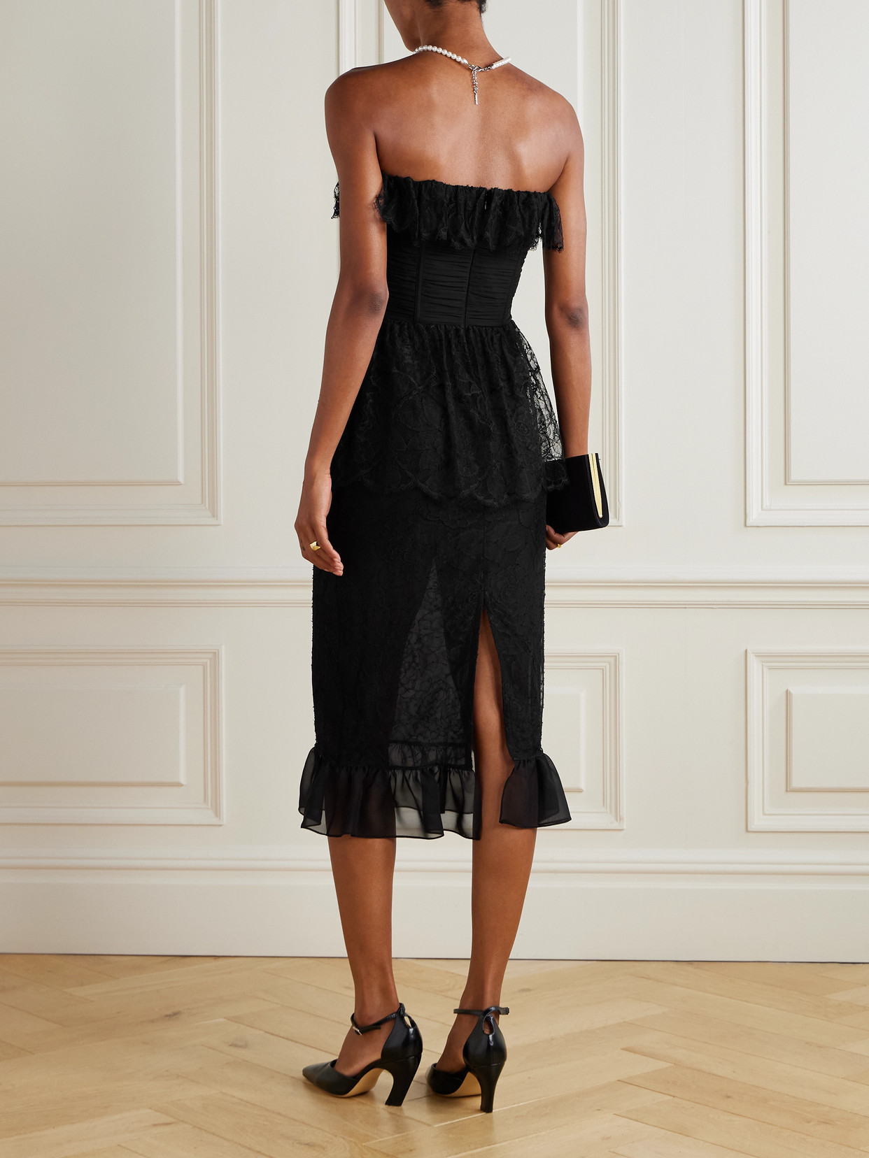 Alessandra Rich Strapless Layered Embellished Cotton-blend Lace Midi Dress In Black