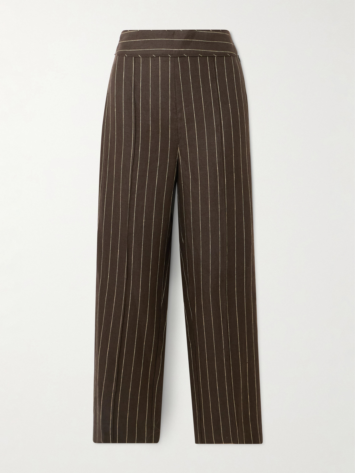 Posse Thea Pleated Pinstriped Linen-twill Straight-leg Pants In Brown