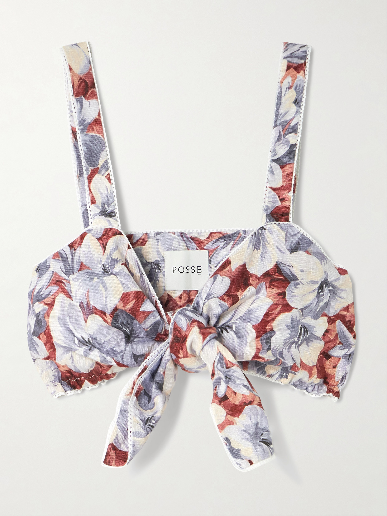 Posse Luna Cropped Lace-trimmed Floral-print Linen Top
