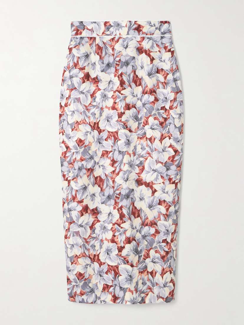 Posse Emma Lace-trimmed Floral-print Linen Midi Skirt
