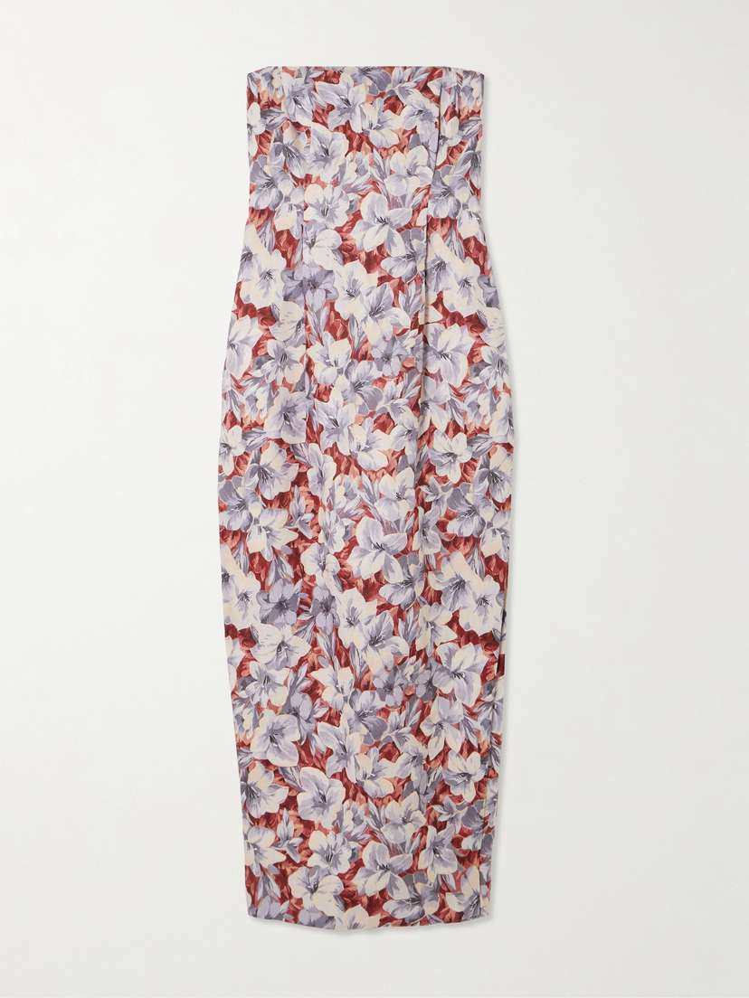 Posse Rosalie Strapless Pleated Floral-print Linen Midi Dress