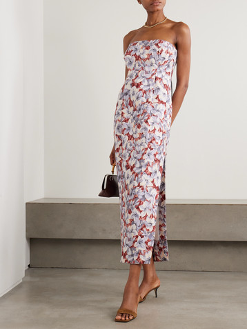 POSSE Rosalie strapless pleated floral-print linen midi dress