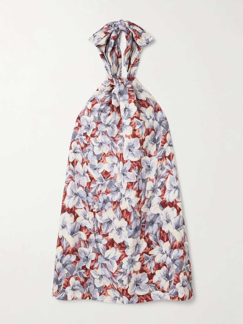 Posse Luna Pleated Floral-print Linen Halterneck Mini Dress