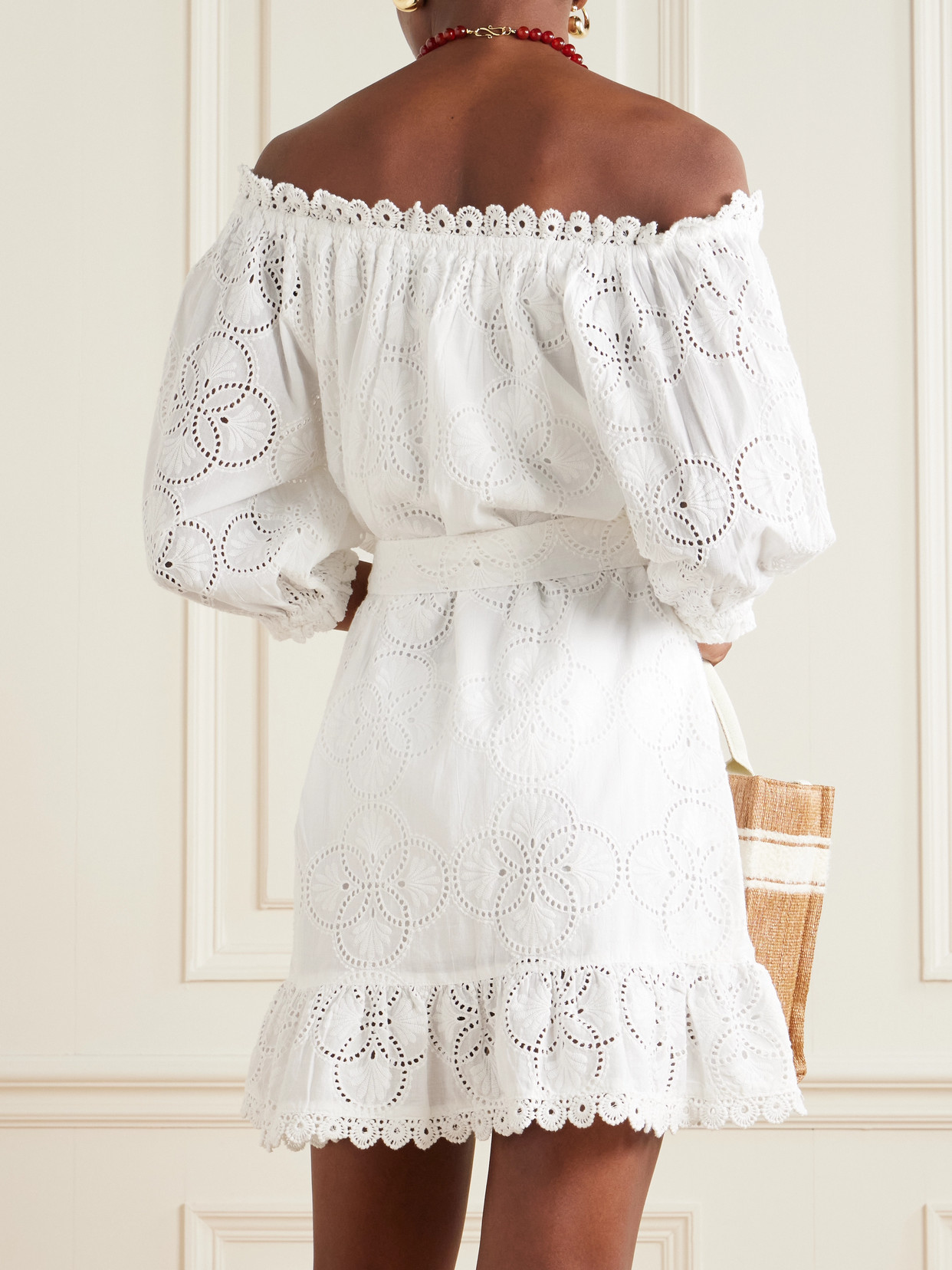 Melissa Odabash Avi Belted Off-the-shoulder Broderie Anglaise Cotton Mini Dress In White