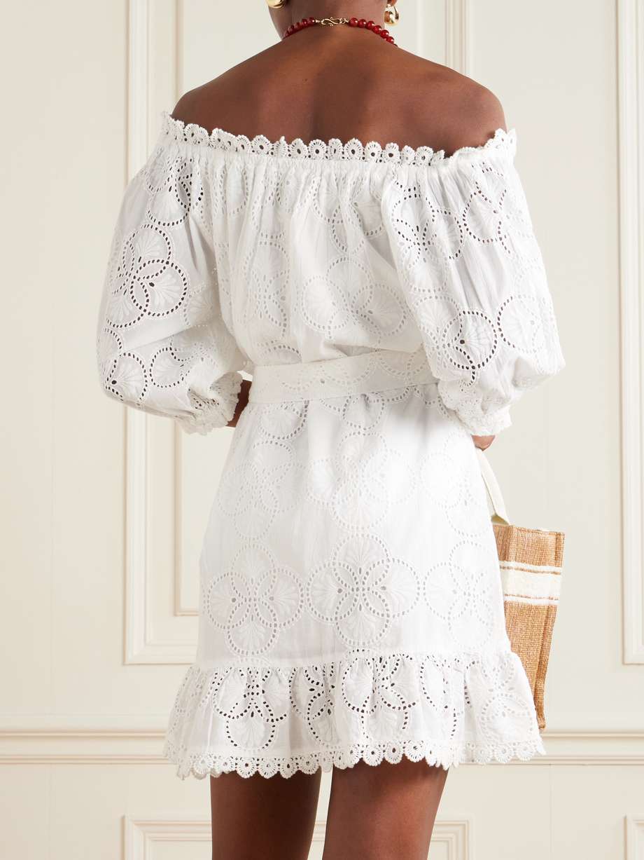 avi belted off-the-shoulder broderie anglaise cotton mini dress