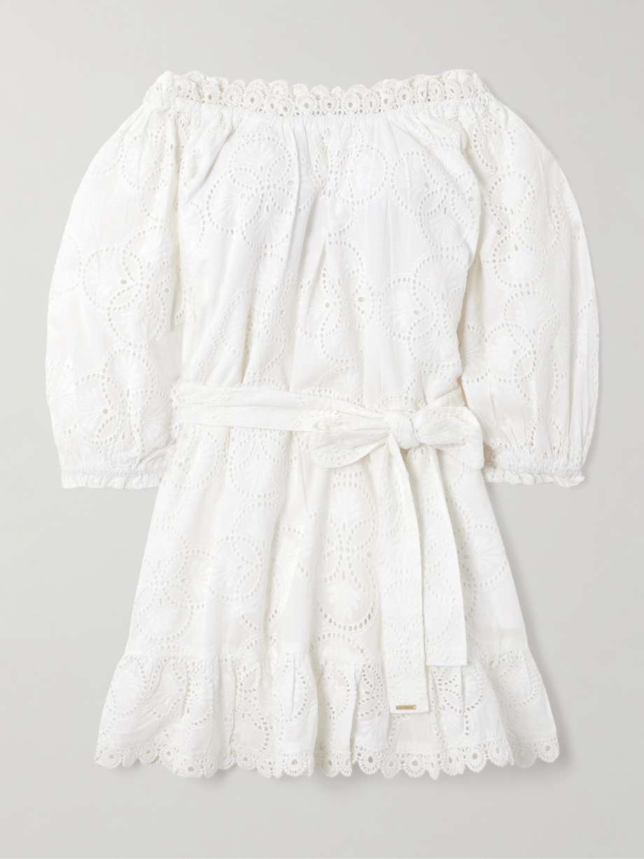 avi belted off-the-shoulder broderie anglaise cotton mini dress