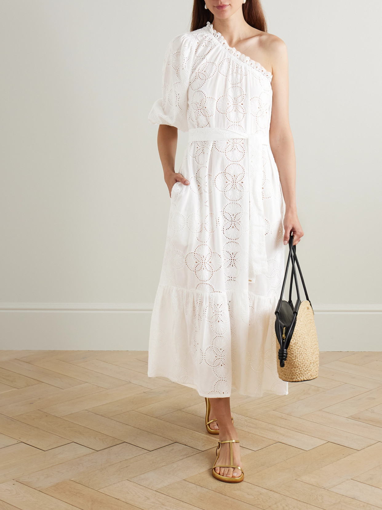 Melissa Odabash Autumn One-shoulder Broderie Anglaise Cotton Midi Dress In White