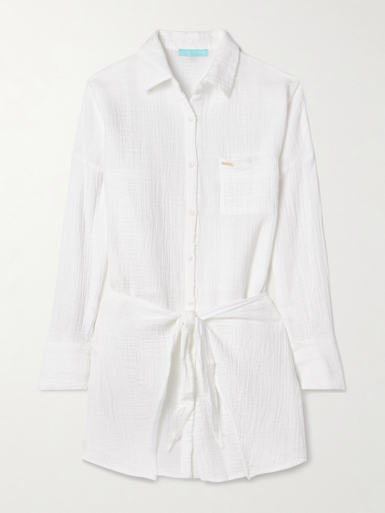 Melissa Odabash Sara Tie-front Crinkled Cotton-gauze Mini Shirt Dress In White