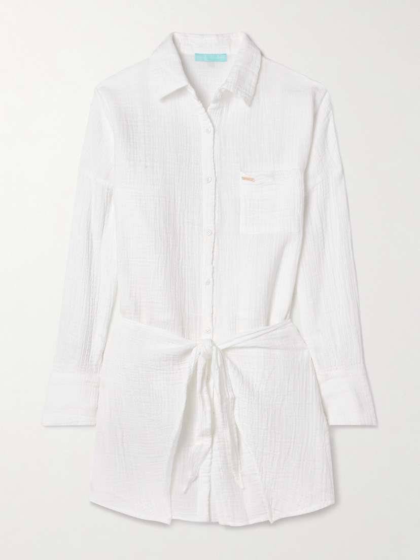 Melissa Odabash Sara Tie-front Crinkled Cotton-gauze Mini Shirt Dress