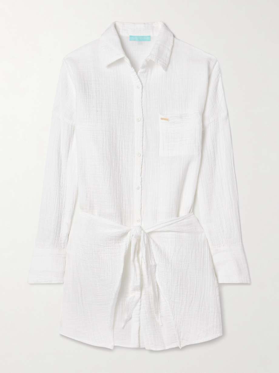 sara tie-front crinkled cotton-gauze mini shirt dress