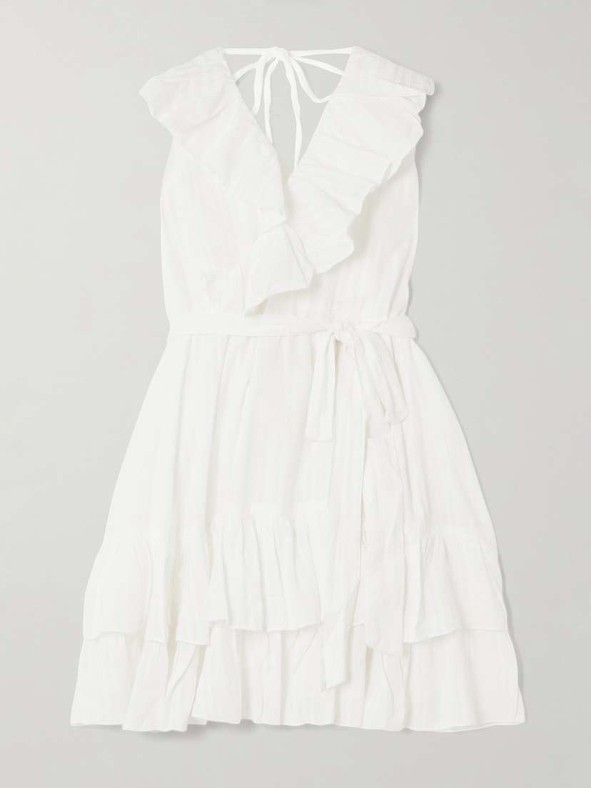 Melissa Odabash Molly Belted Ruffled Embroidered Cotton Mini Wrap Dress