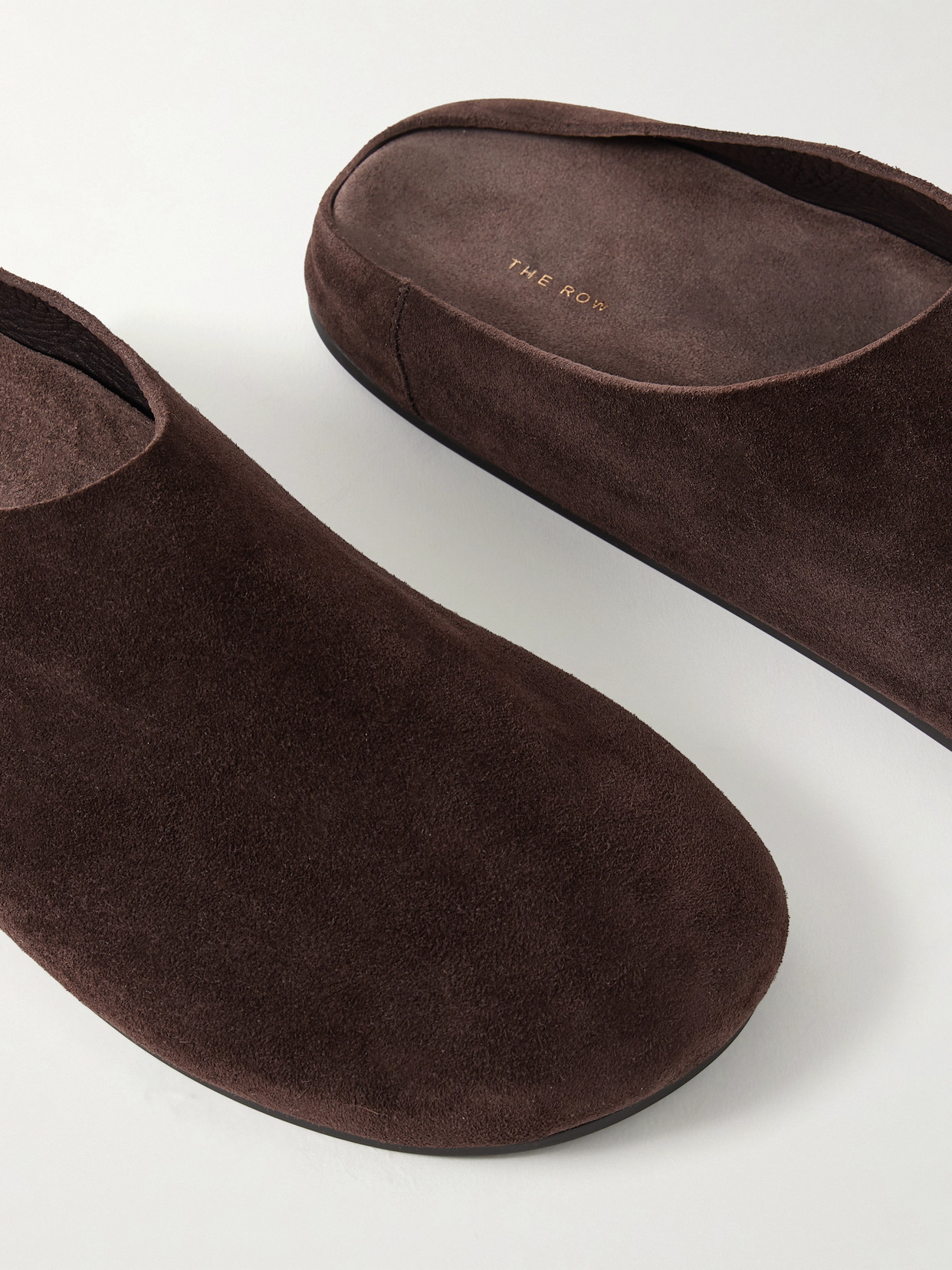 The Row Hudson Suede Slides In Brown
