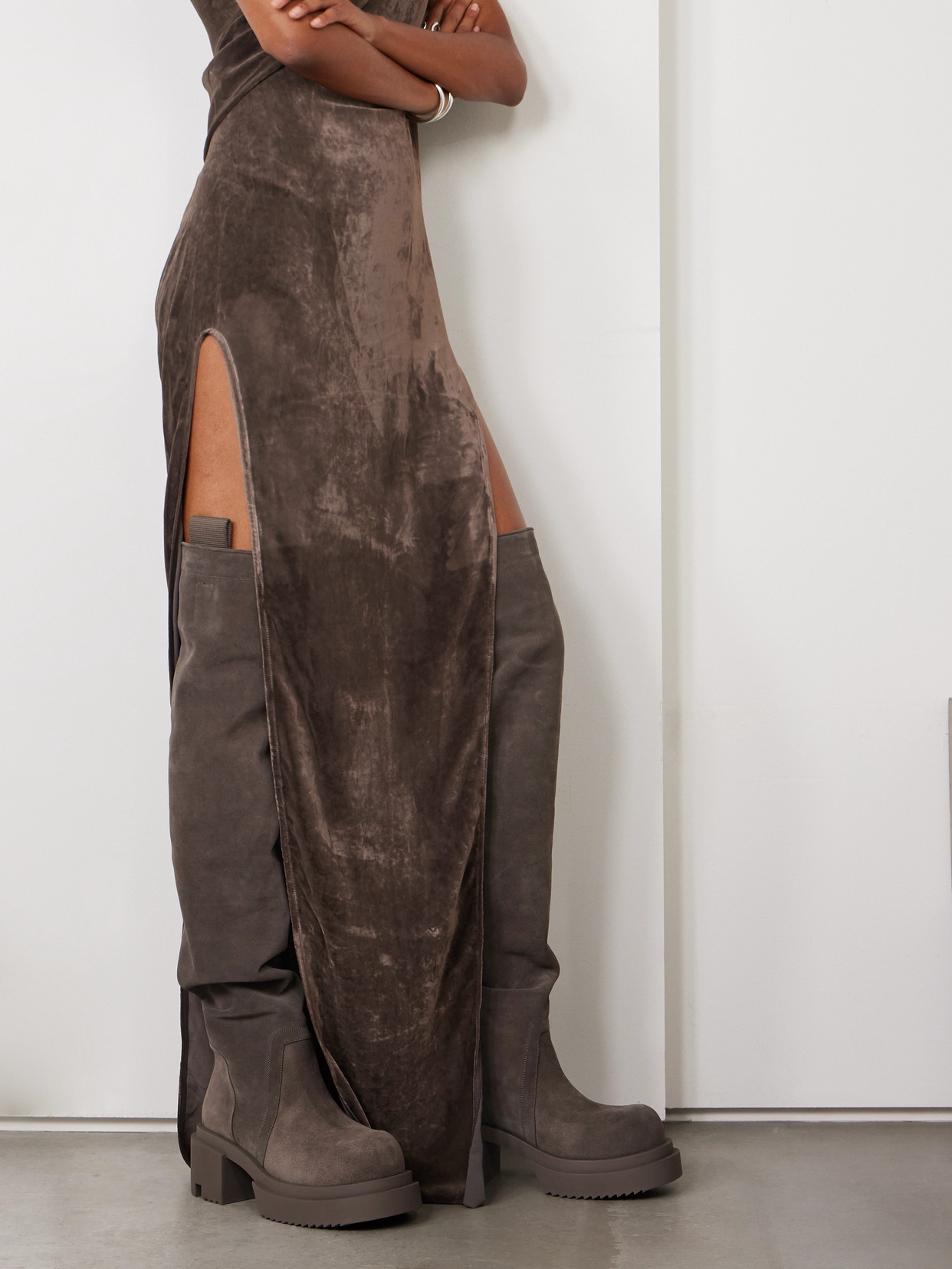 Rick Owens Wader Bogun Suede Over-the-knee Platform Boots In Brown
