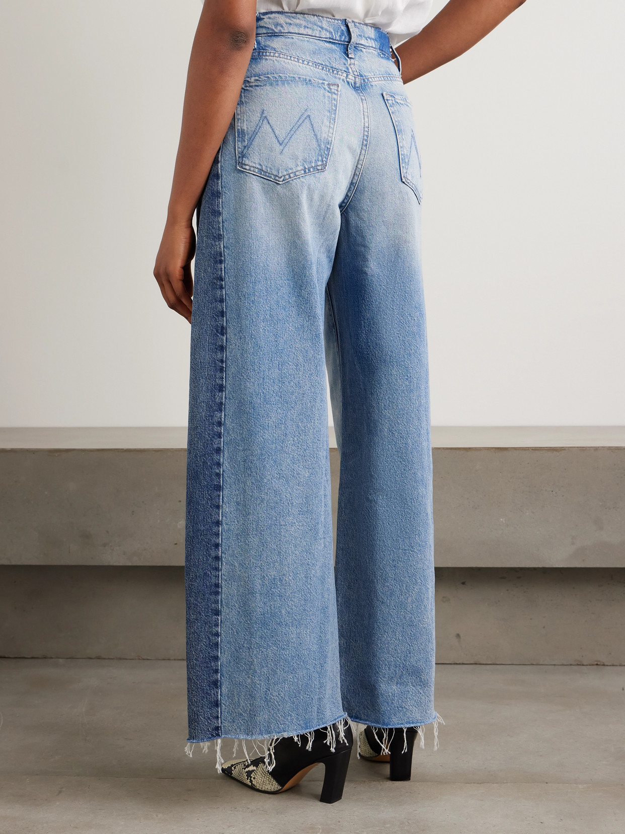 Mother The Pipe Dream Button Sneak Fray Distressed High-rise Wide-leg Jeans In Blue