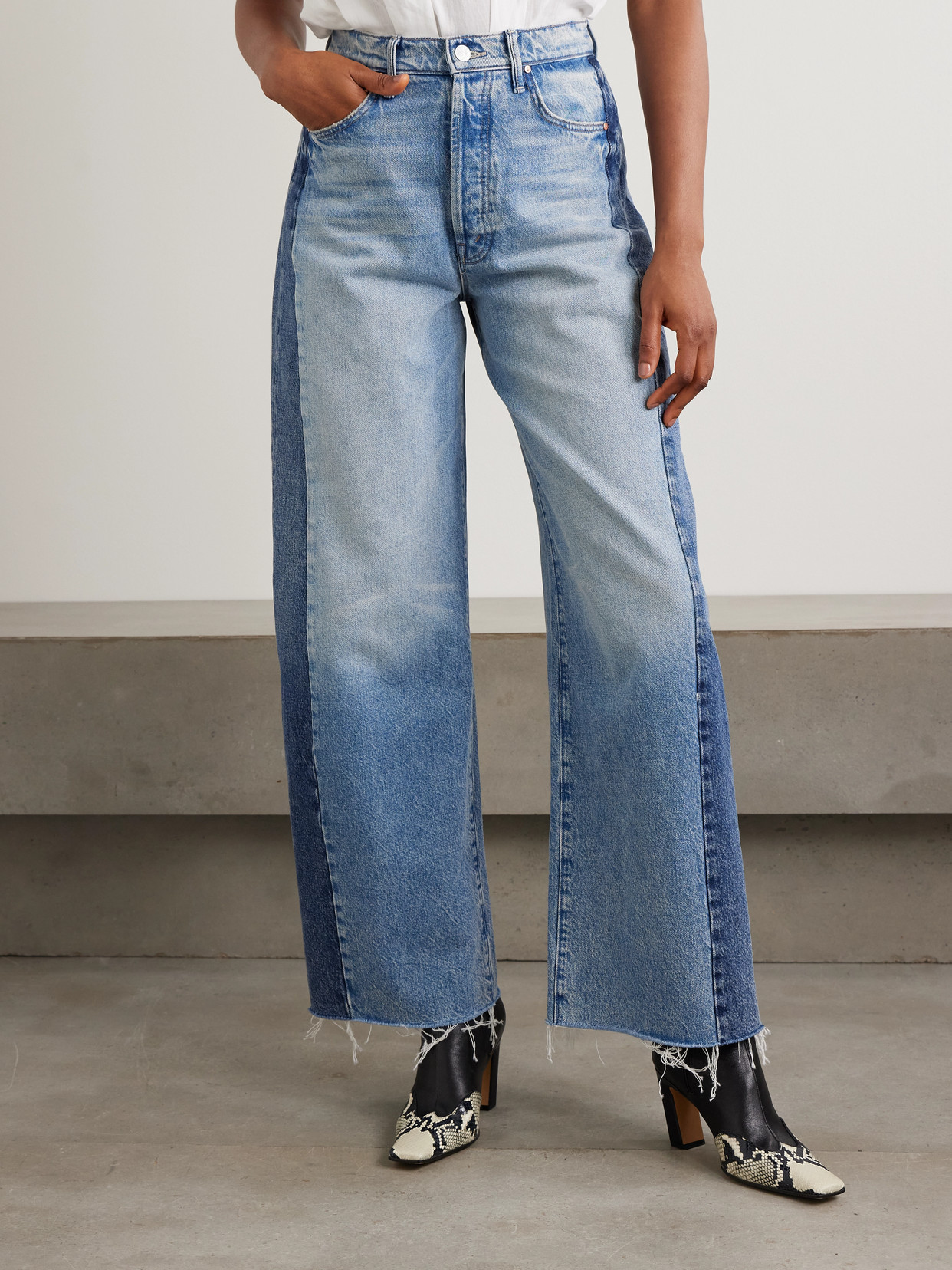 Mother The Pipe Dream Button Sneak Fray Distressed High-rise Wide-leg Jeans In Blue