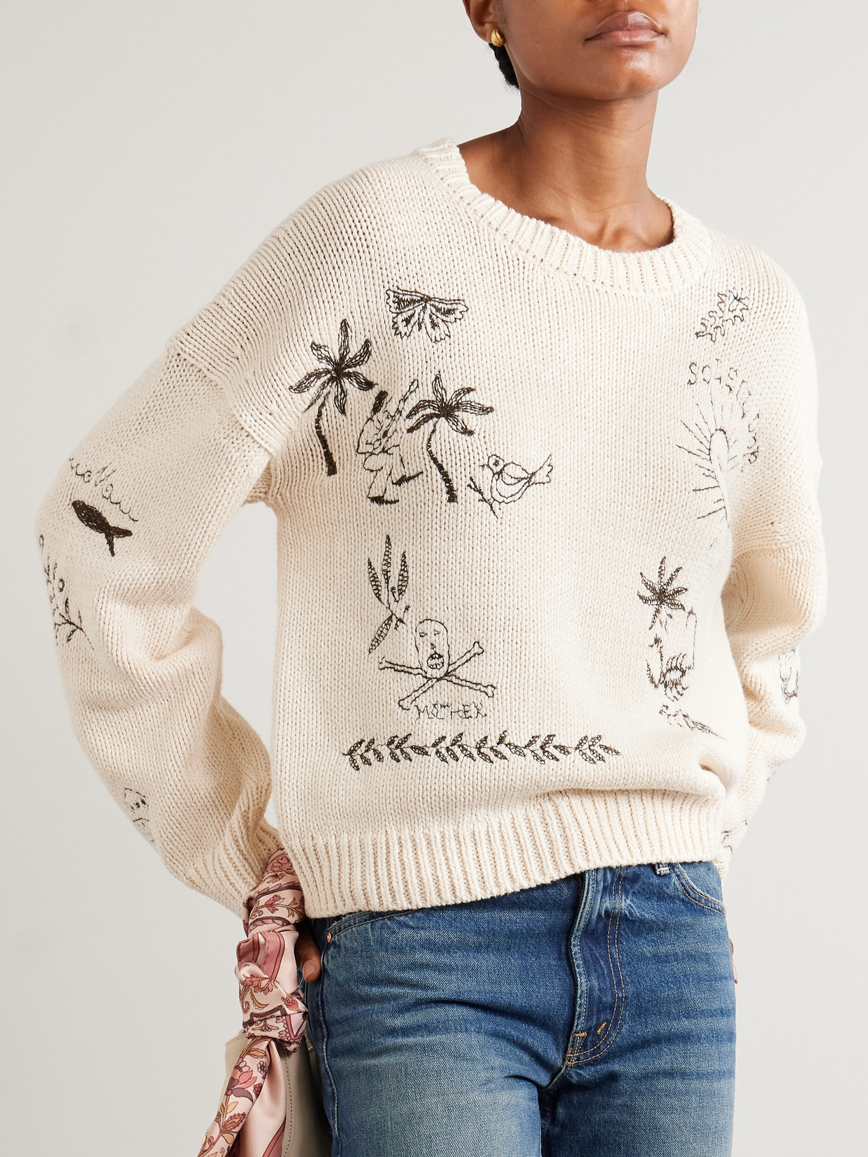 Mother The Jumper Embroidered Cotton Sweater In Beige