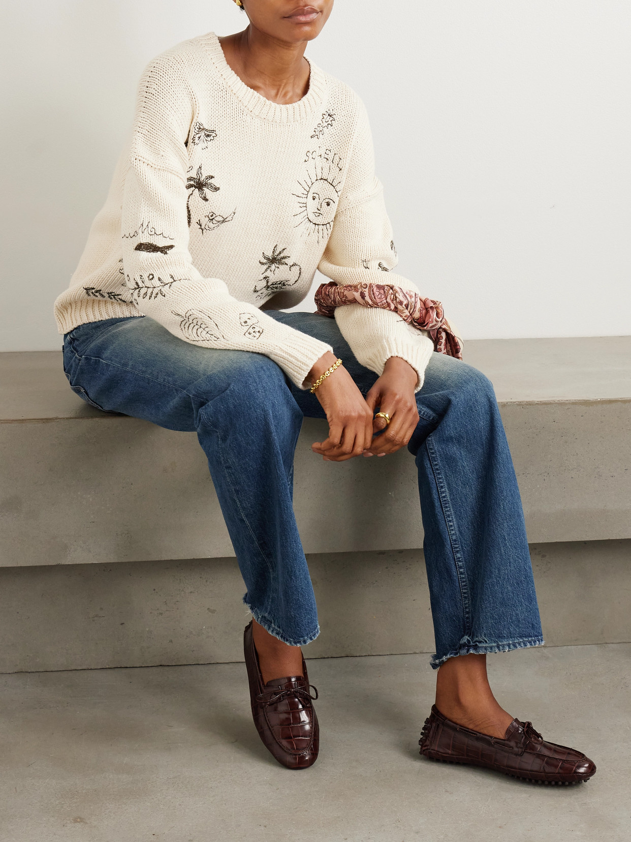 Mother The Jumper Embroidered Cotton Sweater In Beige