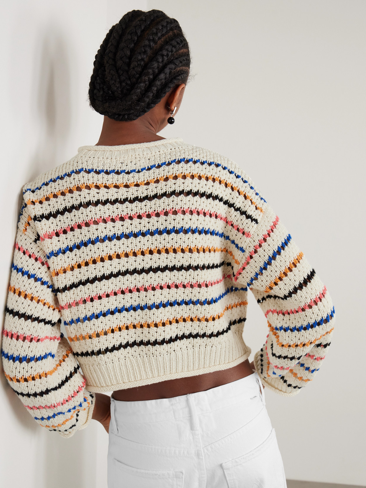 Mother Womens She Sells Seashells The Bell Sleeve Striped Cotton-knit Jumper In Multi