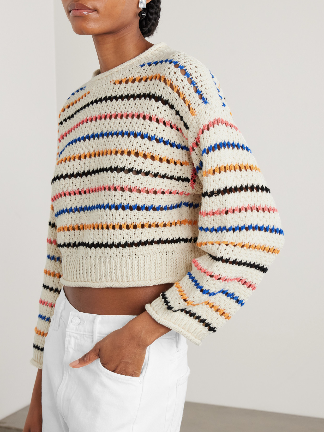 Mother Womens She Sells Seashells The Bell Sleeve Striped Cotton-knit Jumper In Multi