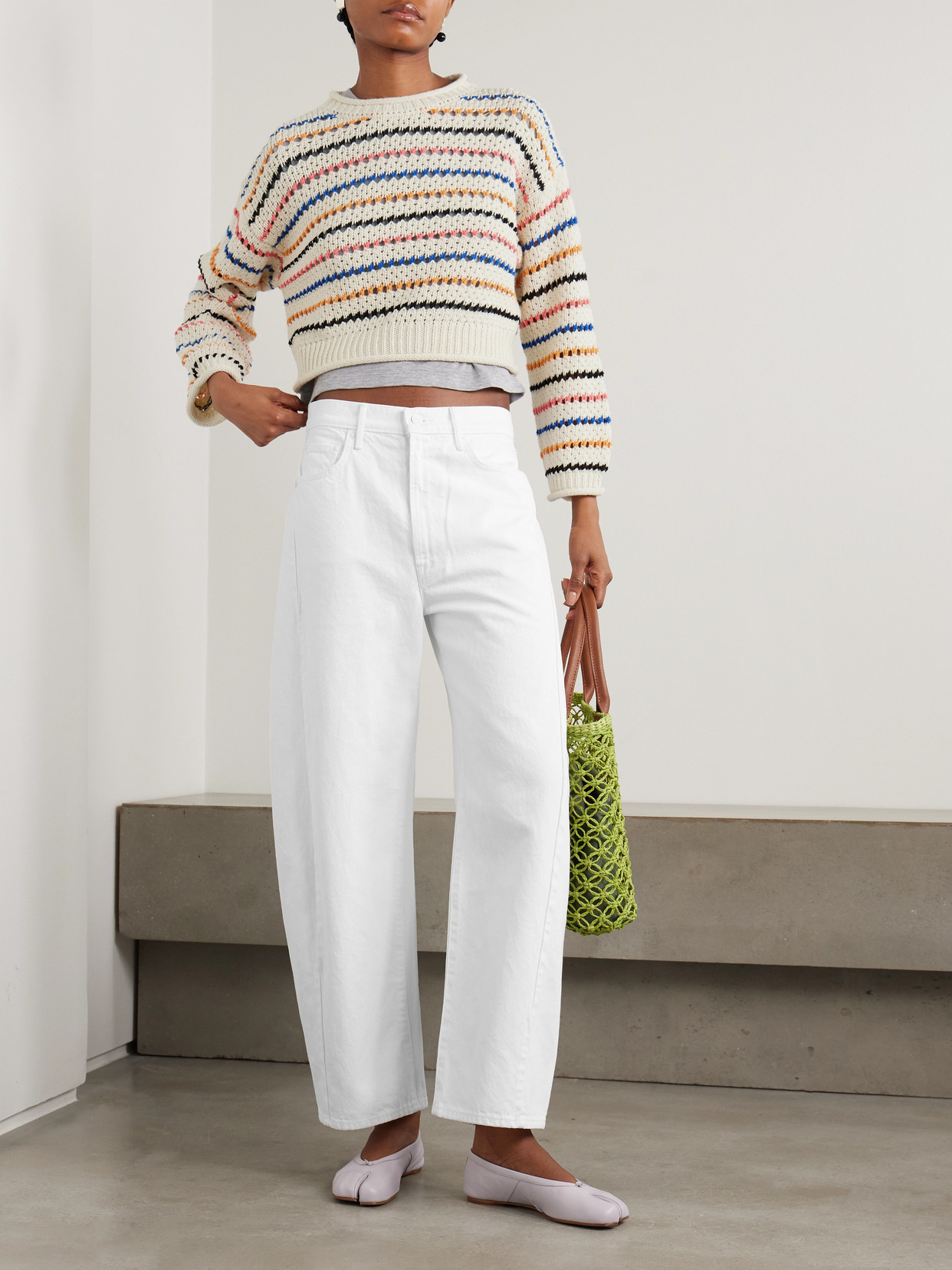 Mother Womens She Sells Seashells The Bell Sleeve Striped Cotton-knit Jumper In Multi