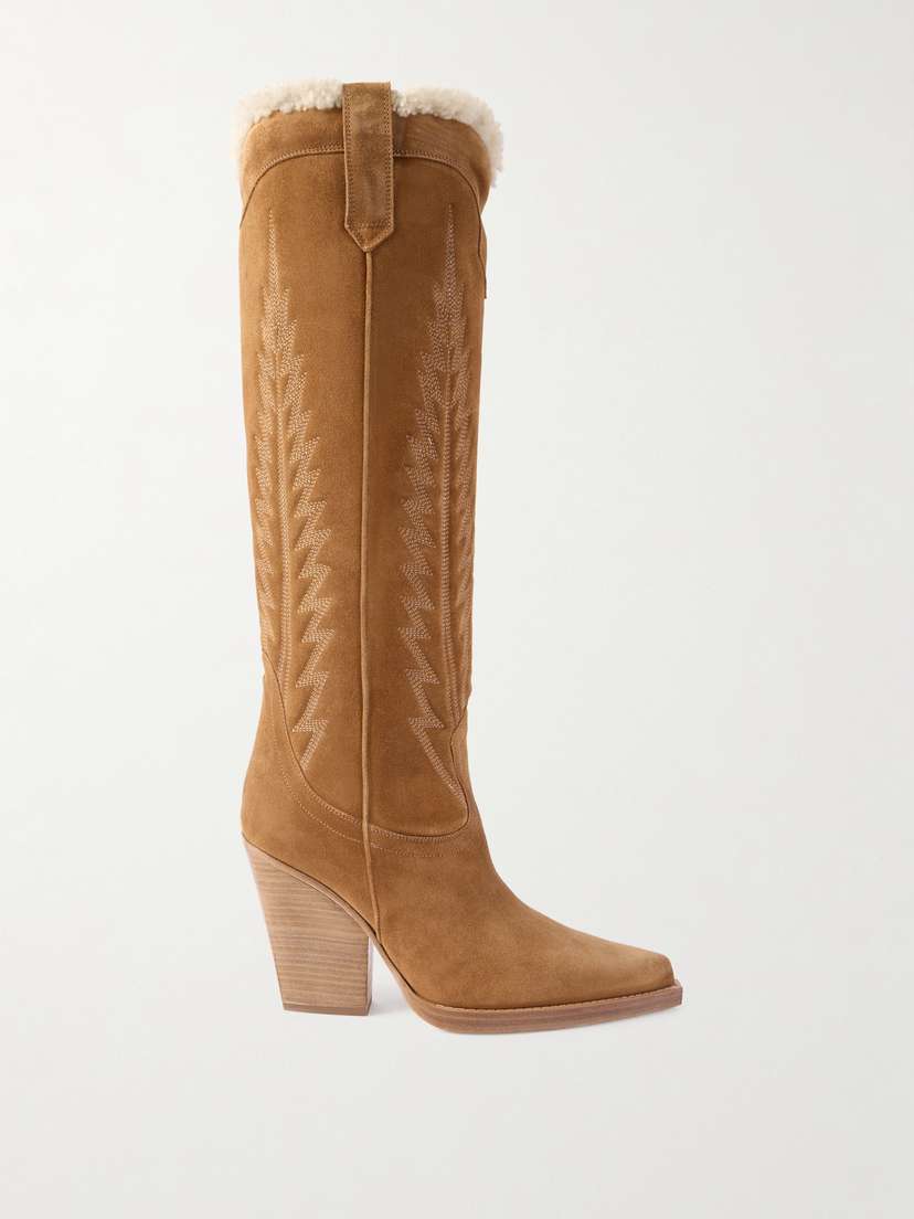 Paris Texas El Dorado Embroidered Shearling-lined Suede Knee Boots