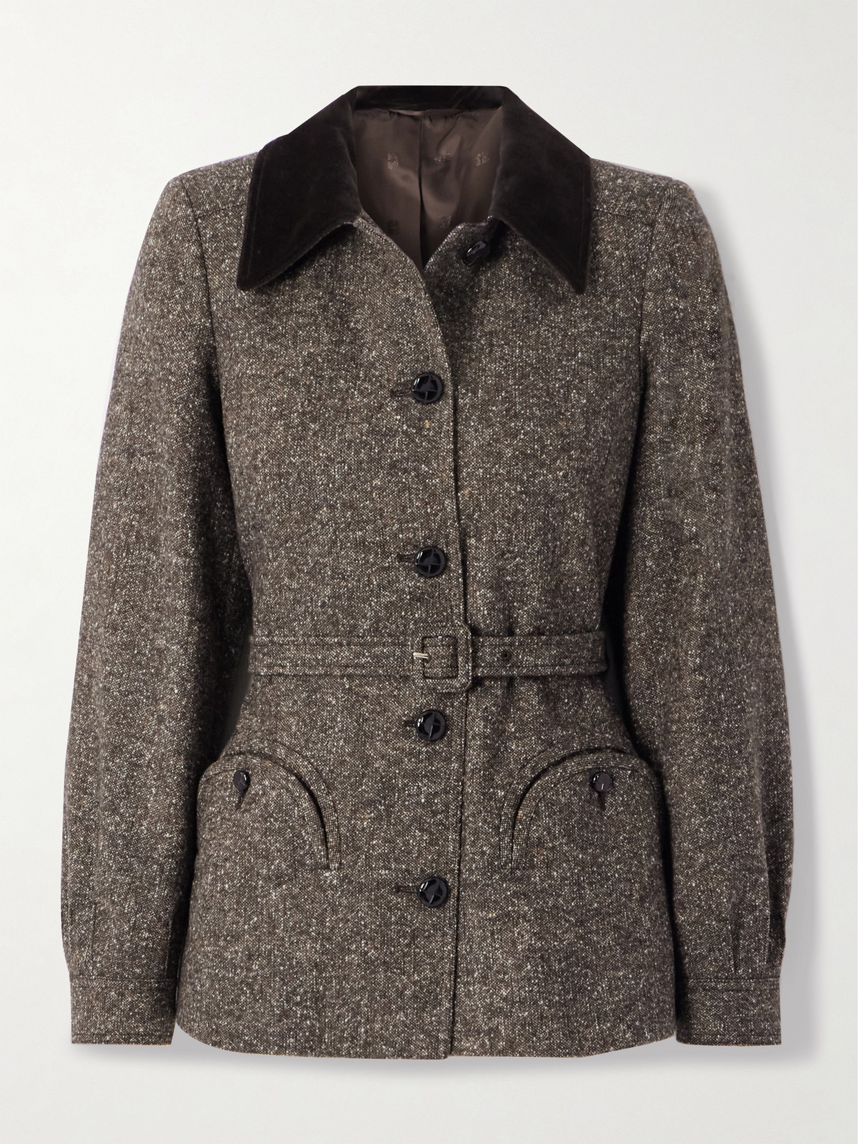 Blazé Milano Sarissa Belted Velvet-trimmed Tweed Jacket In Gray
