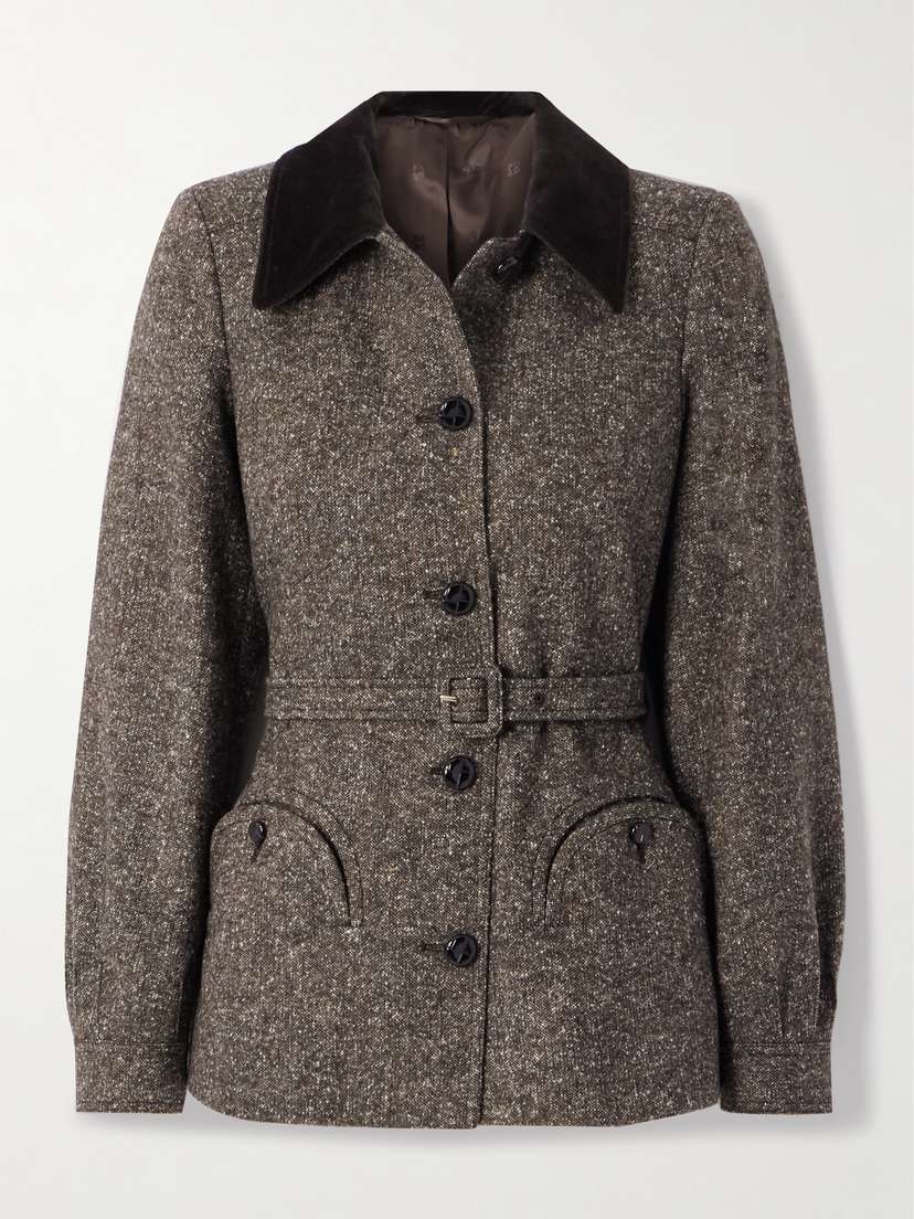Blazé Milano Sarissa Belted Velvet-trimmed Tweed Jacket