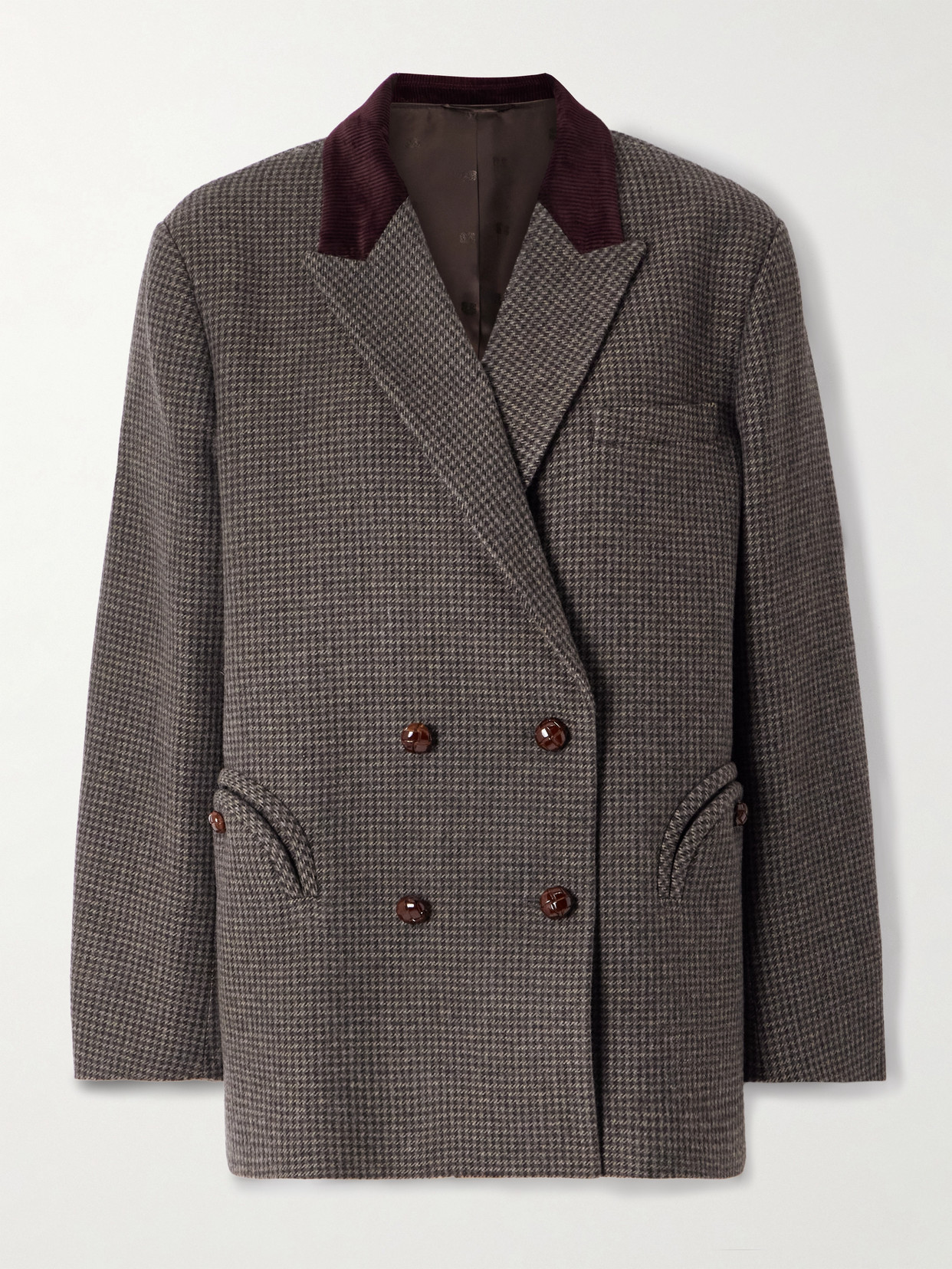 Blazé Milano Double-breasted Corduroy-trimmed Houndstooth Wool-blend Blazer In Brown