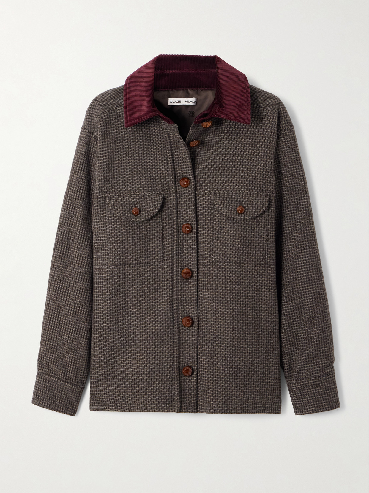 Blazé Milano Badis Berber Cotton Corduroy-trimmed Houndstooth Wool-blend Jacket In Black