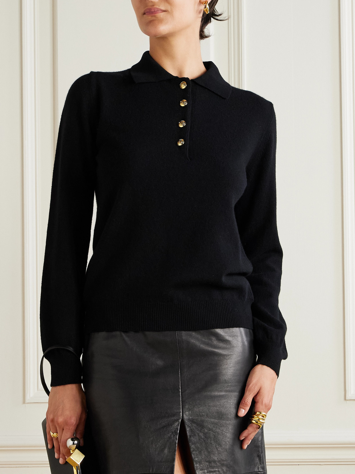 Blazé Milano Wool And Cashmere Highland Sweater With Polo Neck And Golden In Black