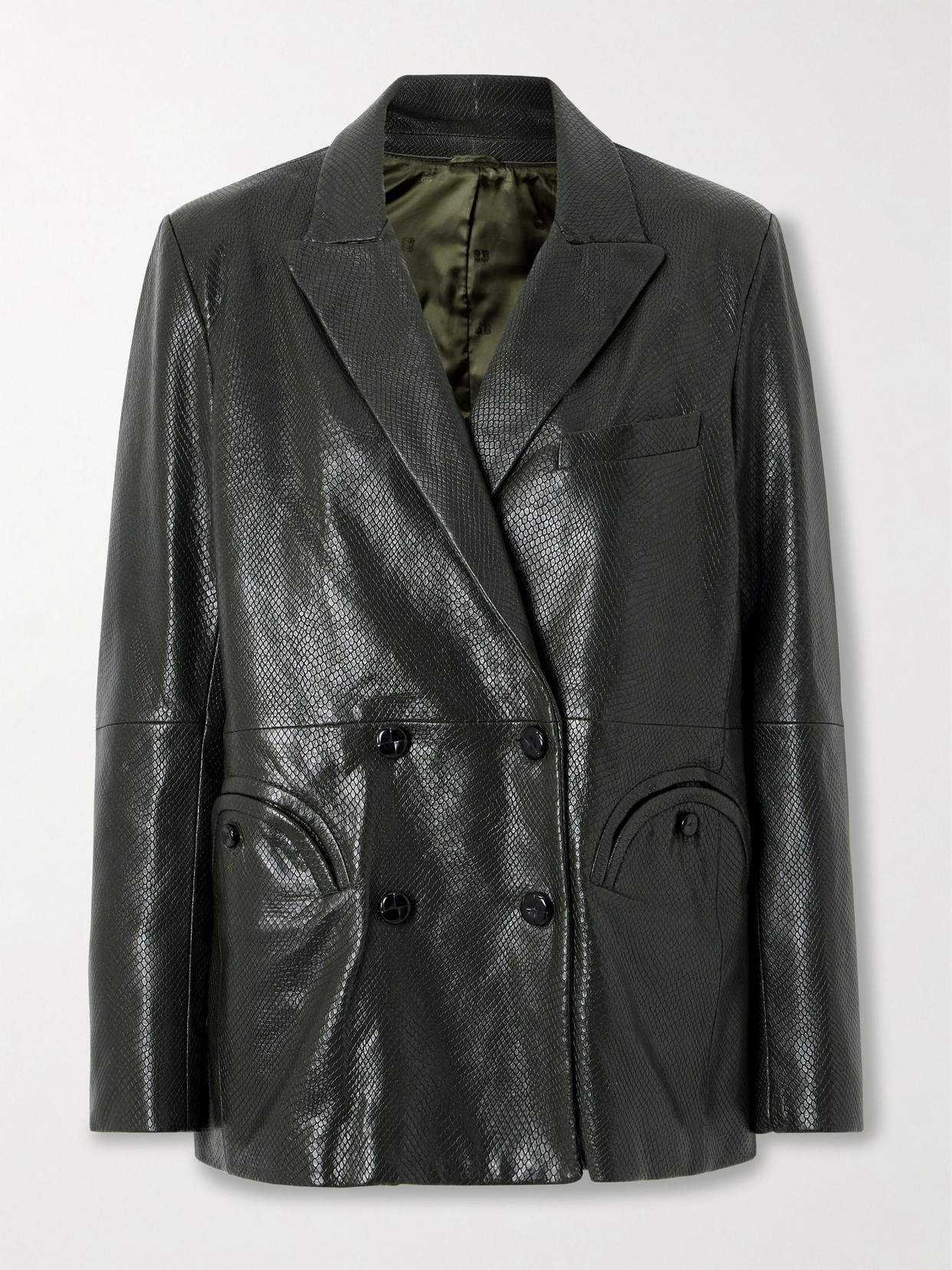 Blazé Milano Emera Double-breasted Snake-effect Leather Blazer In Green
