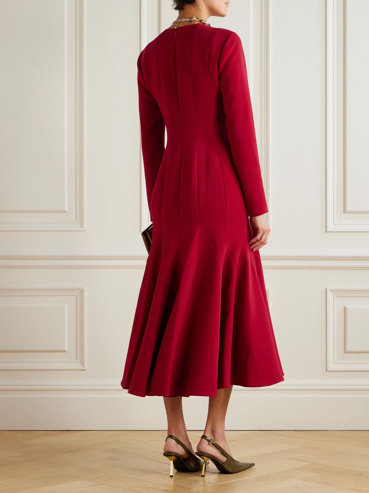 Carolina Herrera Pleated Paneled Crepe Midi Dress In Red
