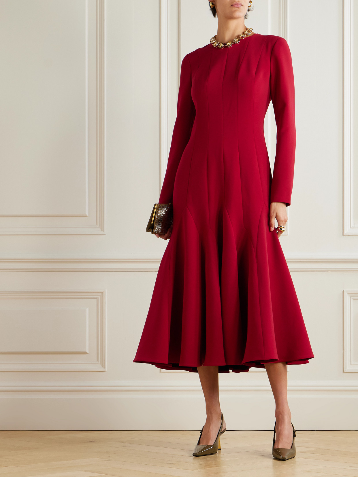 Carolina Herrera Pleated Paneled Crepe Midi Dress In Red