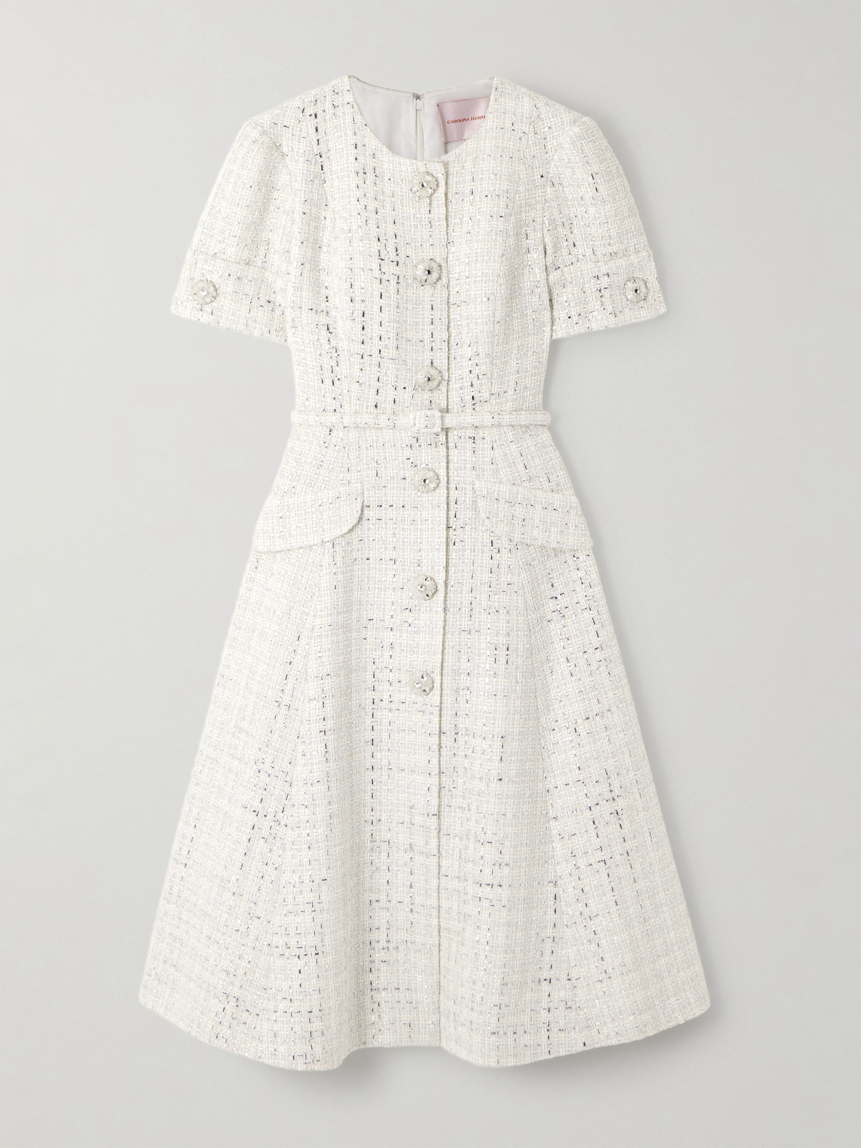 Carolina Herrera Belted Embellished Metallic Tweed Midi Dress In Neutral
