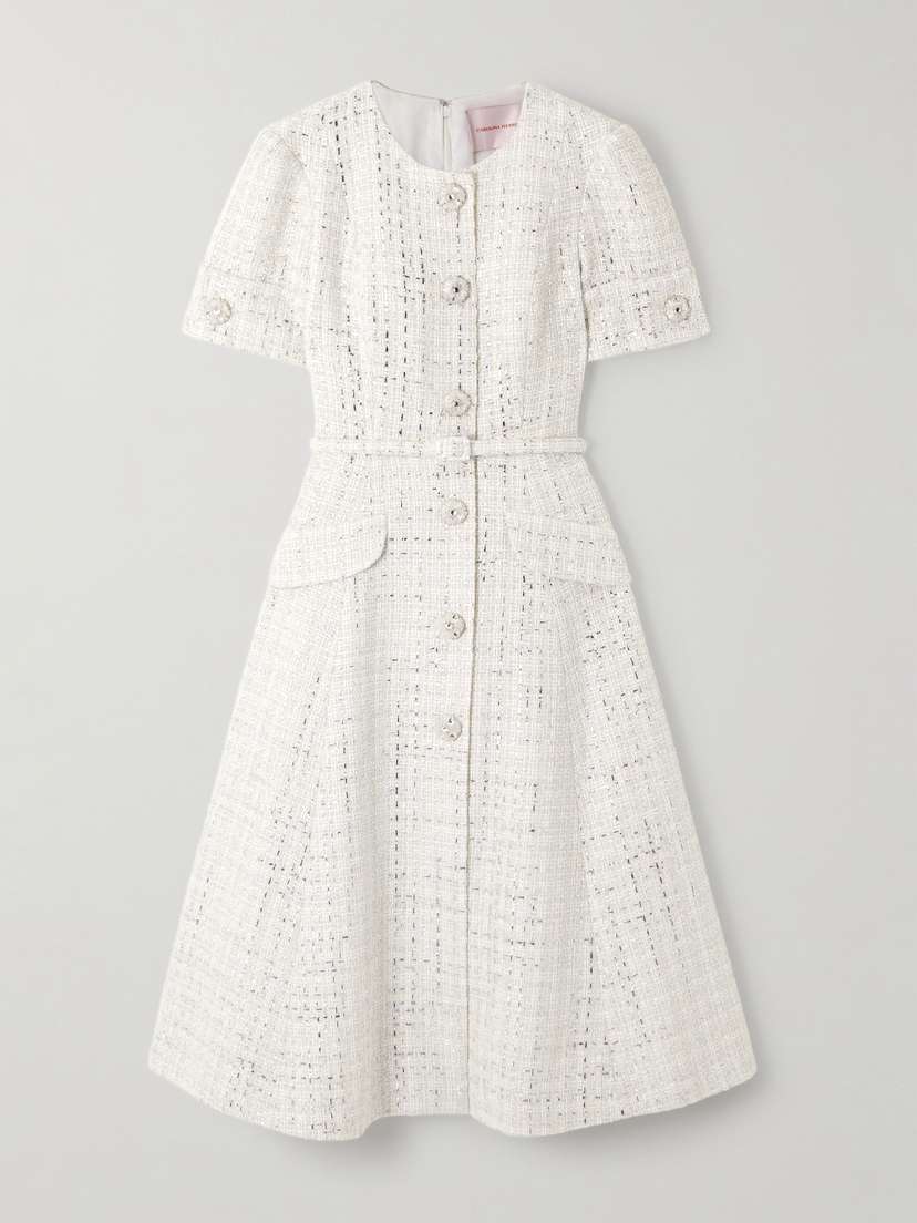 Carolina Herrera Belted Embellished Metallic Tweed Midi Dress