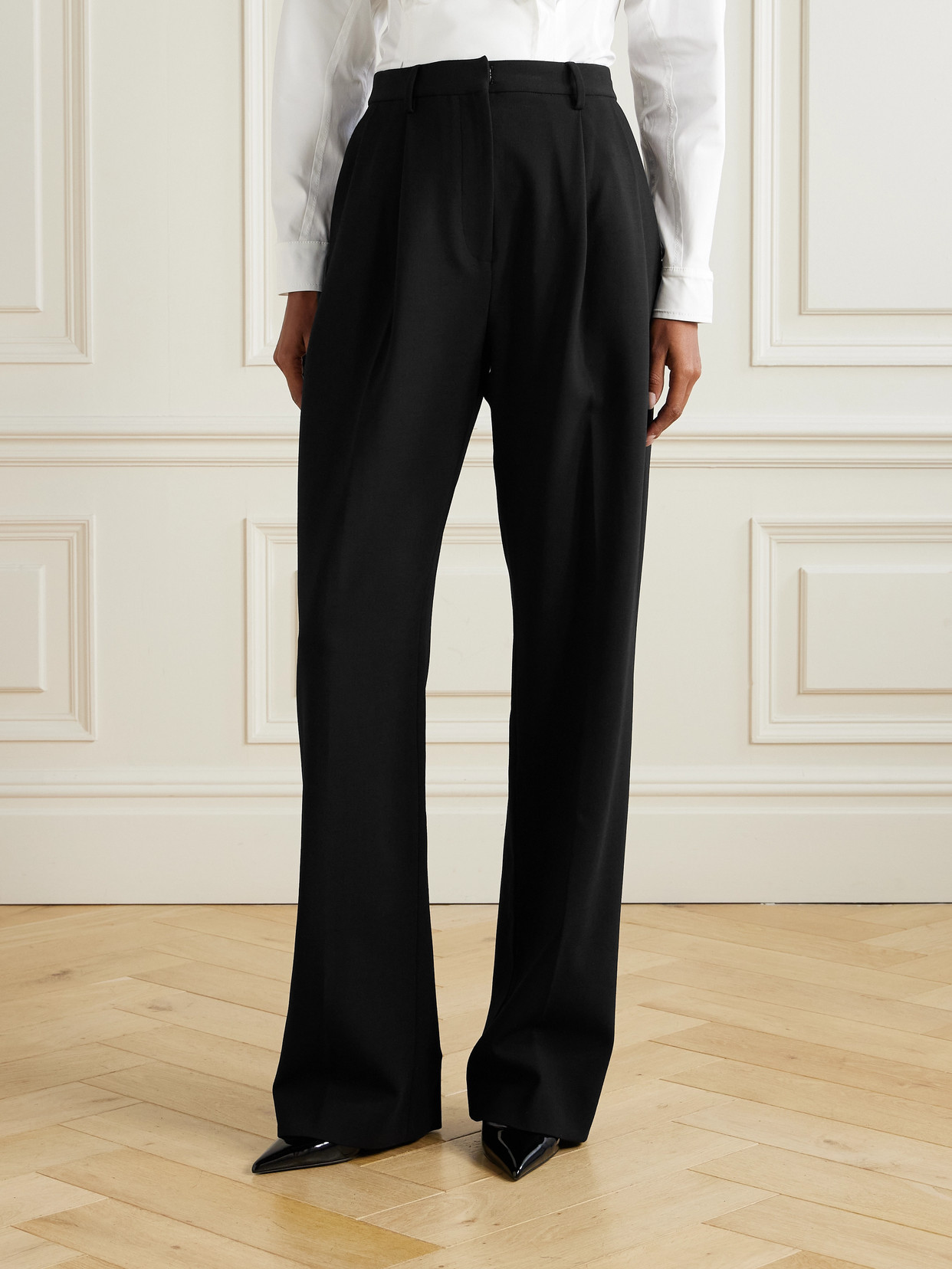Carolina Herrera Pleated Wool-blend Wide-leg Pants In Black