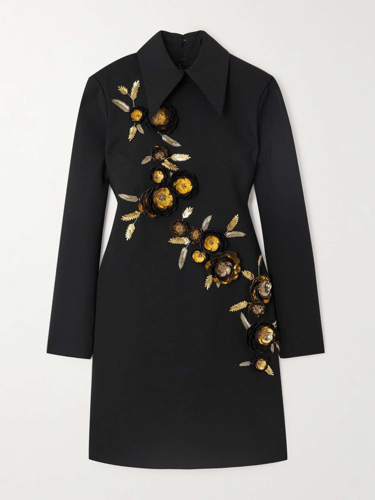 Carolina Herrera Embellished Wool-blend Mini Shirt Dress In Black
