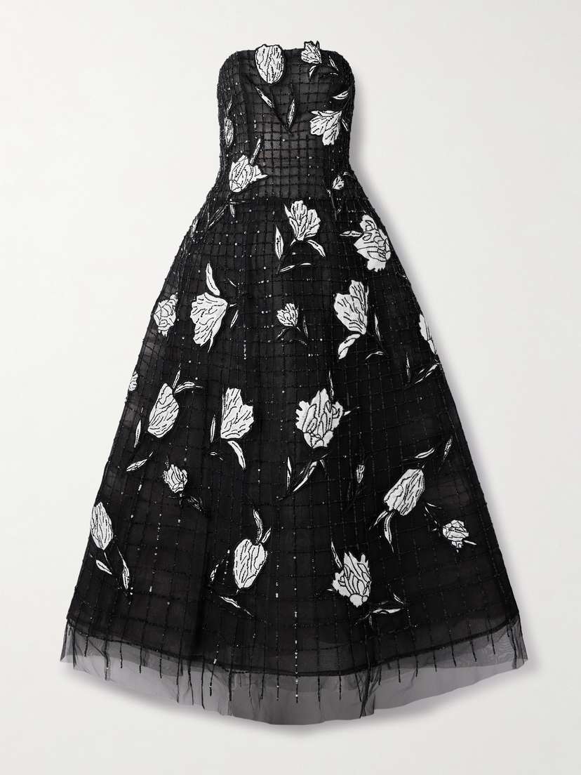Carolina Herrera Strapless Appliquéd Embellished Tulle Gown