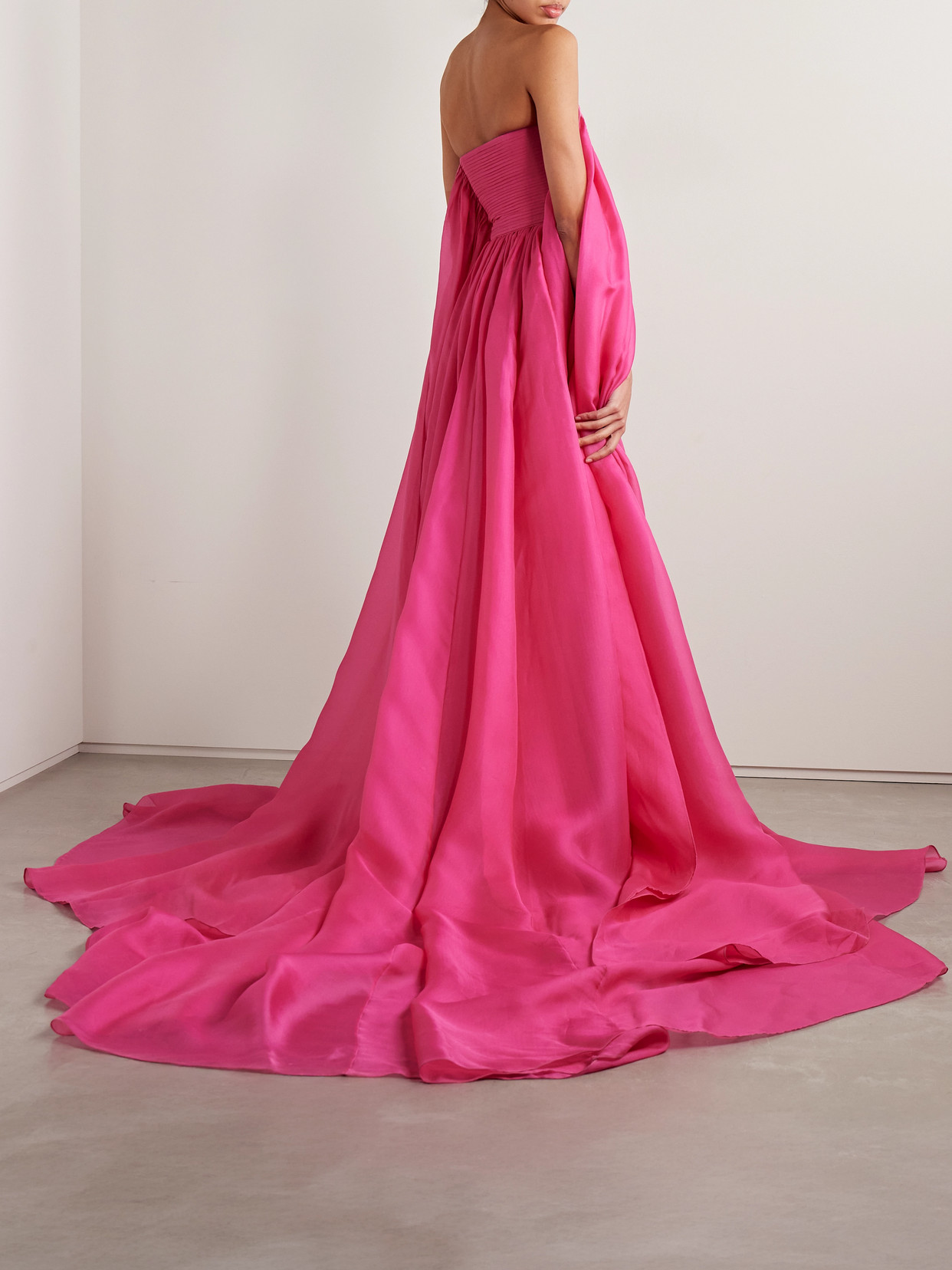 Carolina Herrera Strapless Cape-effect Pintucked Silk-crepe And Organza Mini Dress In Pink