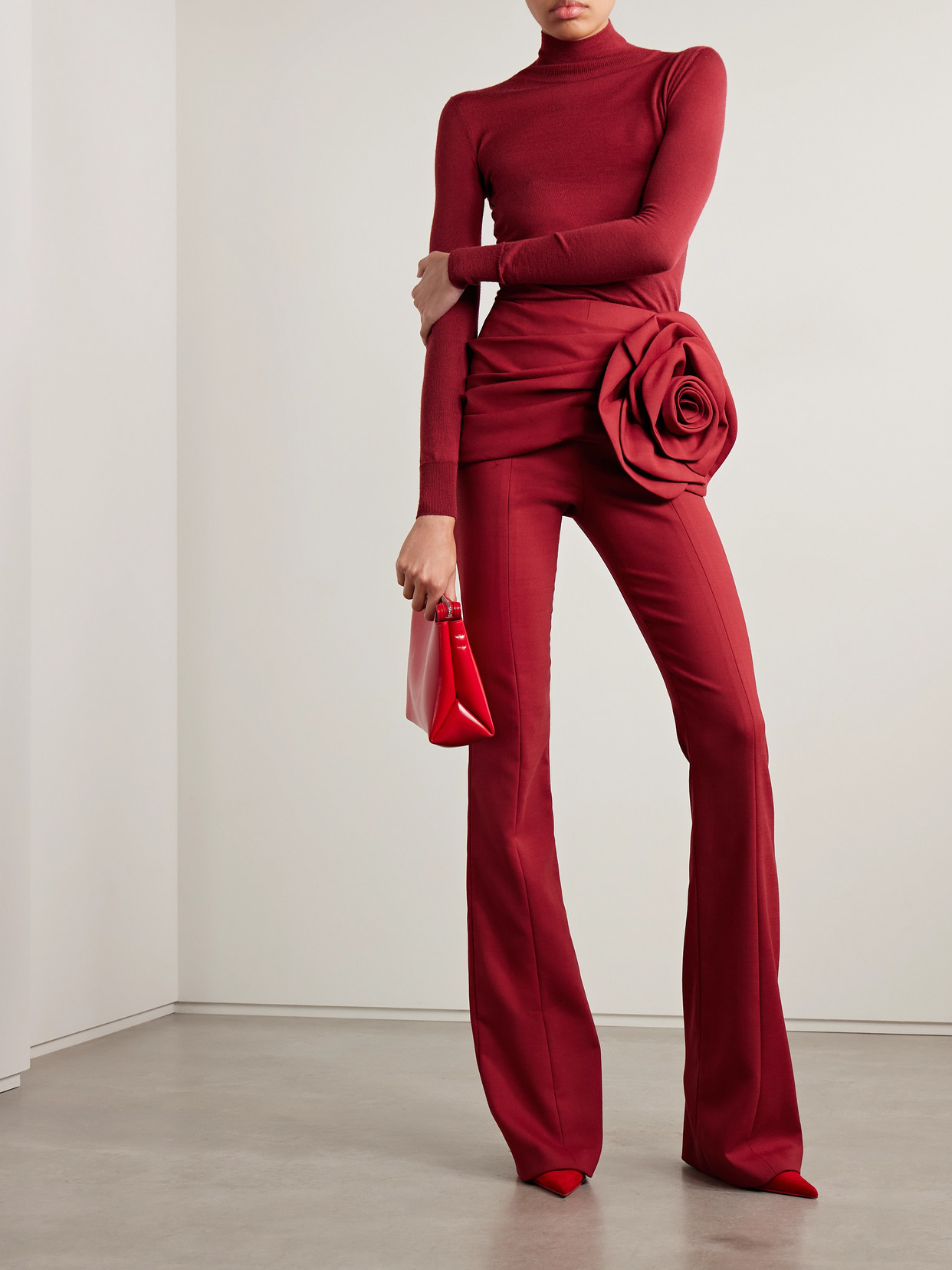 Carolina Herrera Appliquéd Draped Wool-blend Bootcut Pants In Red