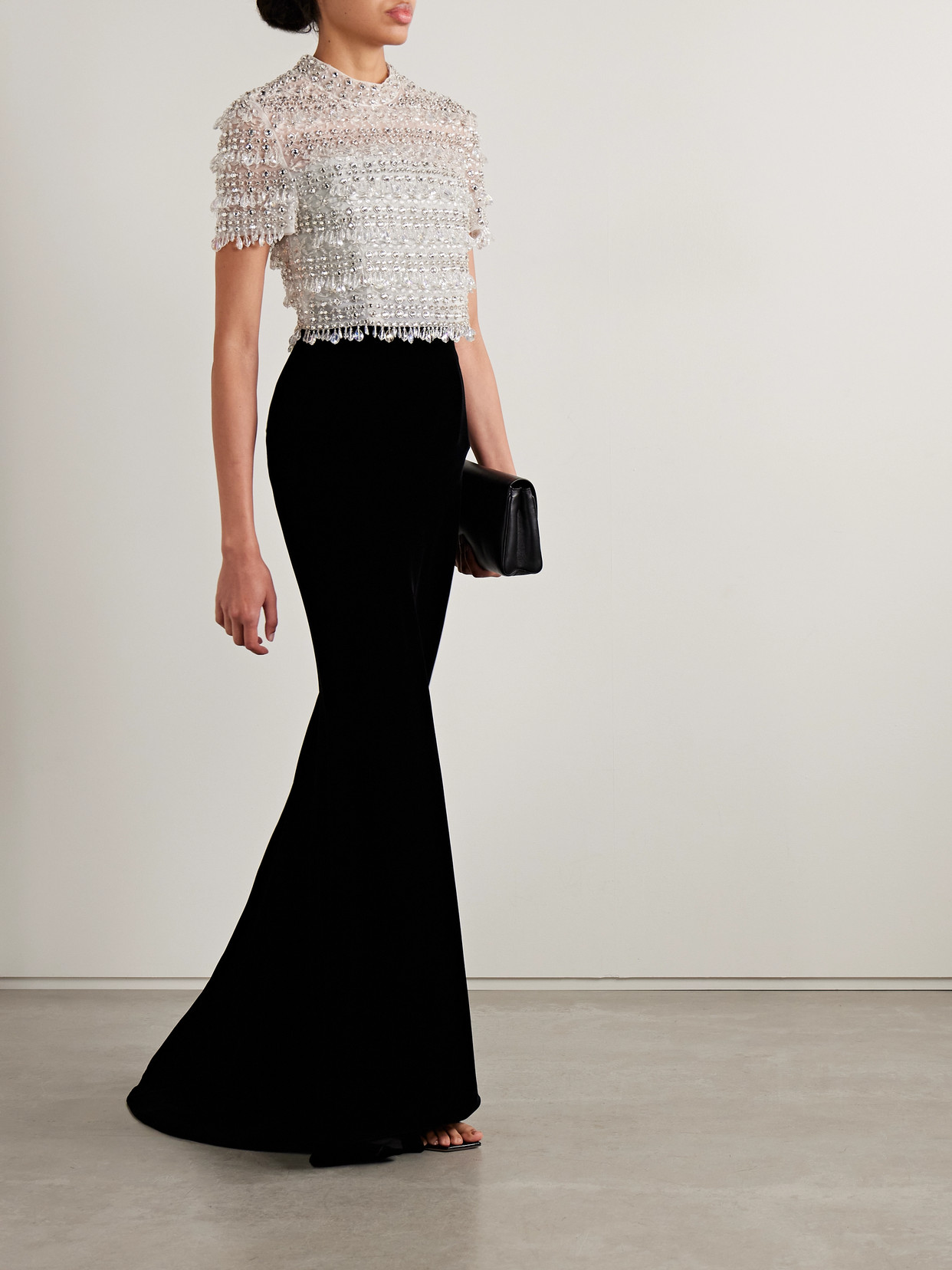 Carolina Herrera Crystal-embellished Mock-neck Tulle Crop Top In White