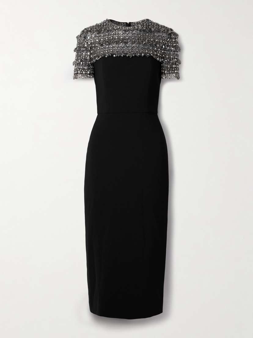 Carolina Herrera Crystal Embellished Tulle-trimmed Crepe Midi Dress