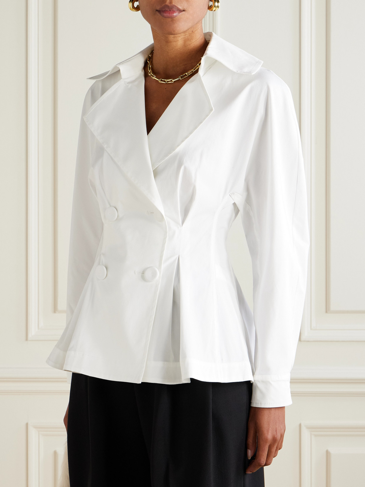 Carolina Herrera Double-breasted Pleated Stretch-cotton Poplin Shirt In White