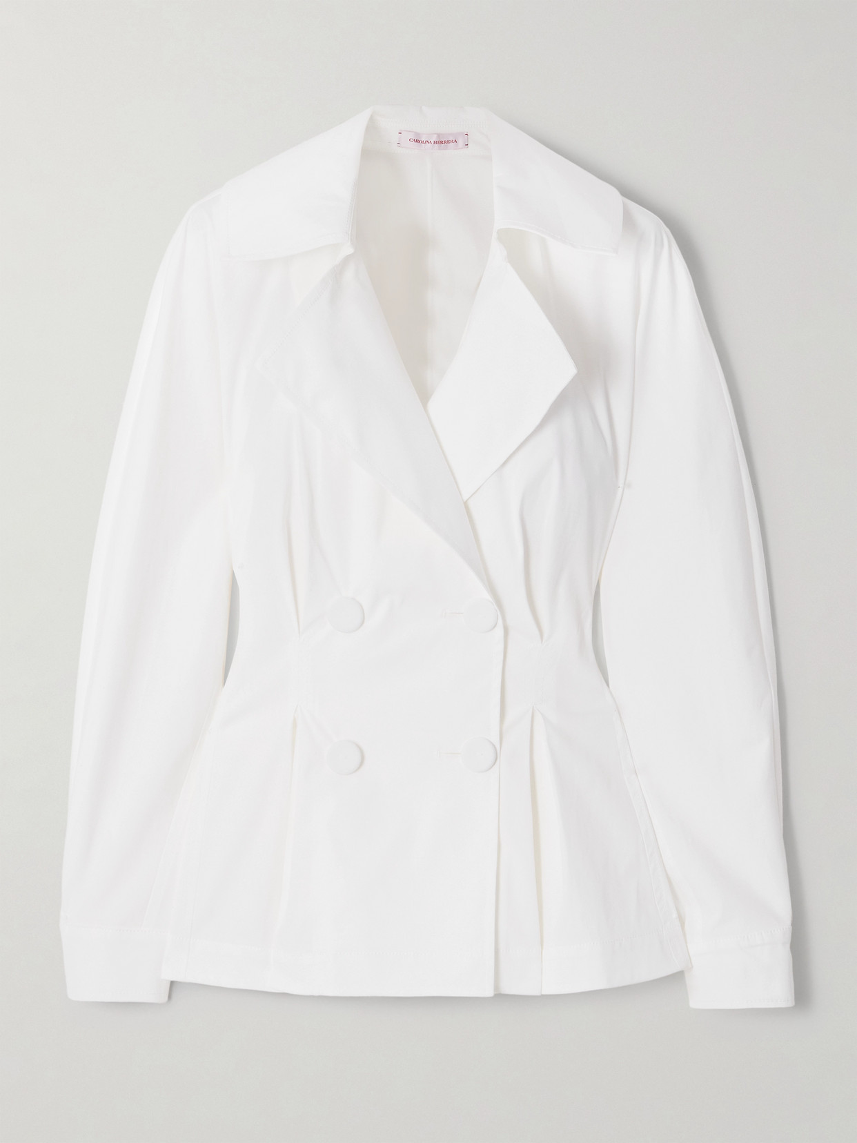 Carolina Herrera Double-breasted Pleated Stretch-cotton Poplin Shirt In White