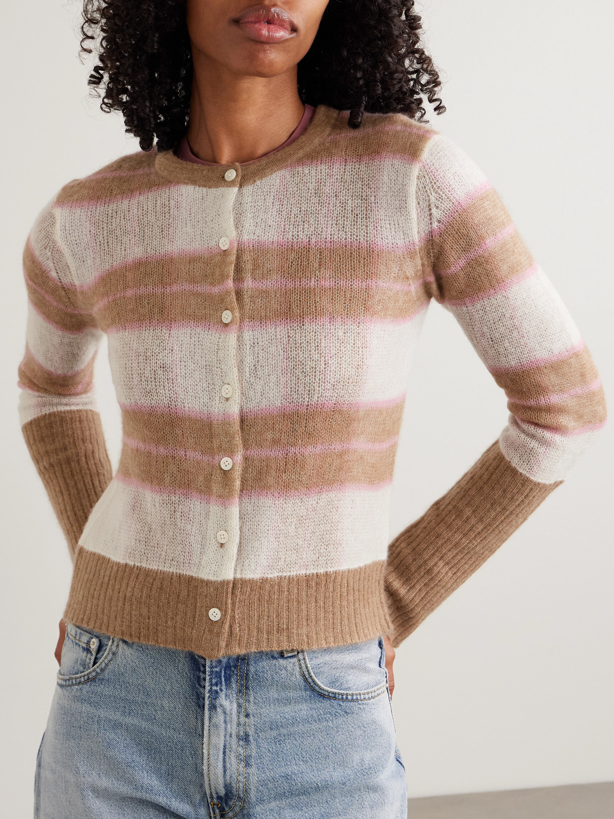 Guest In Residence Shadow Striped Wool, Silk And Cashmere-blend Cardigan In Brown